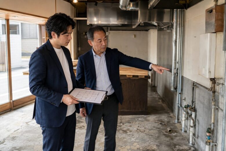 飲食店の居抜き物件で厨房設備と図面を確認する開業者とコンサルタント